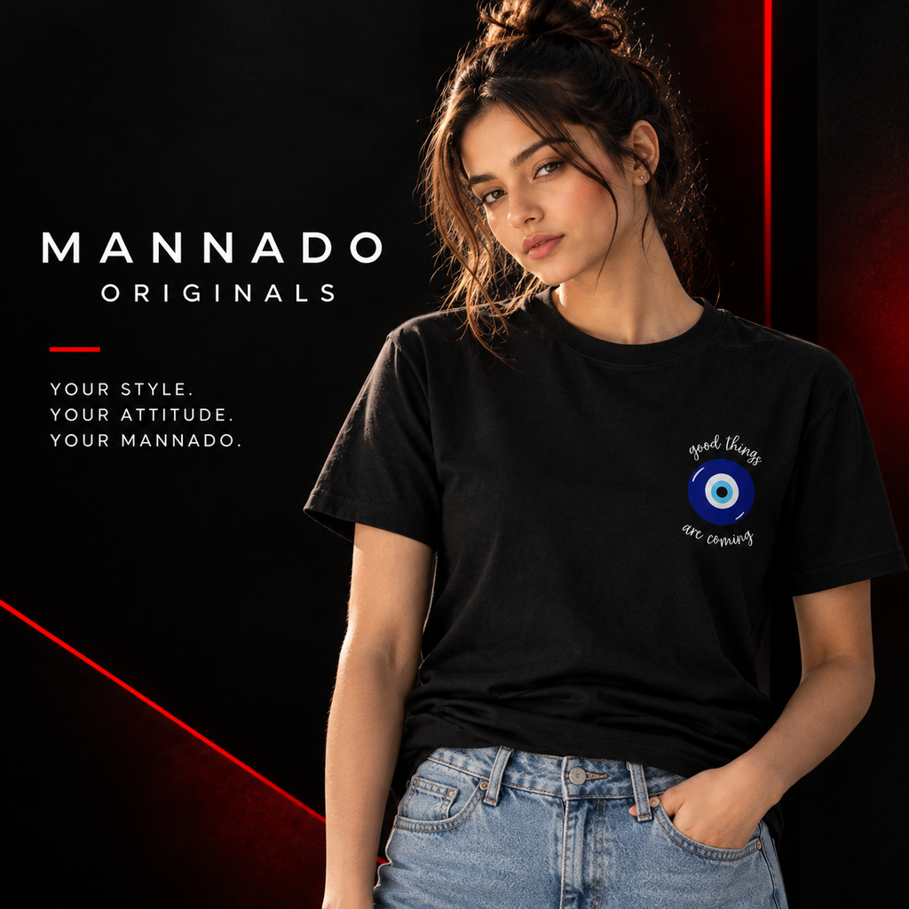 Mannado Originals Good Things Are Coming Evil Eye Graphic Black T-Shirt for Women