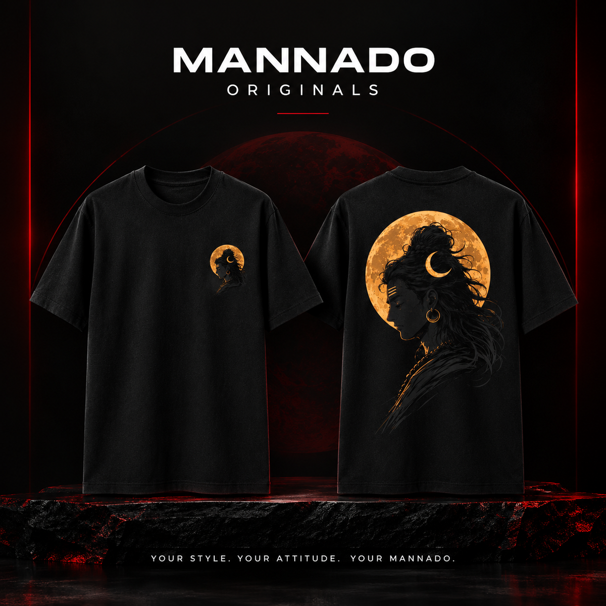 Mannado Originals Mahadev Eclipse Golden Graphic Printed Black T-Shirt for Men