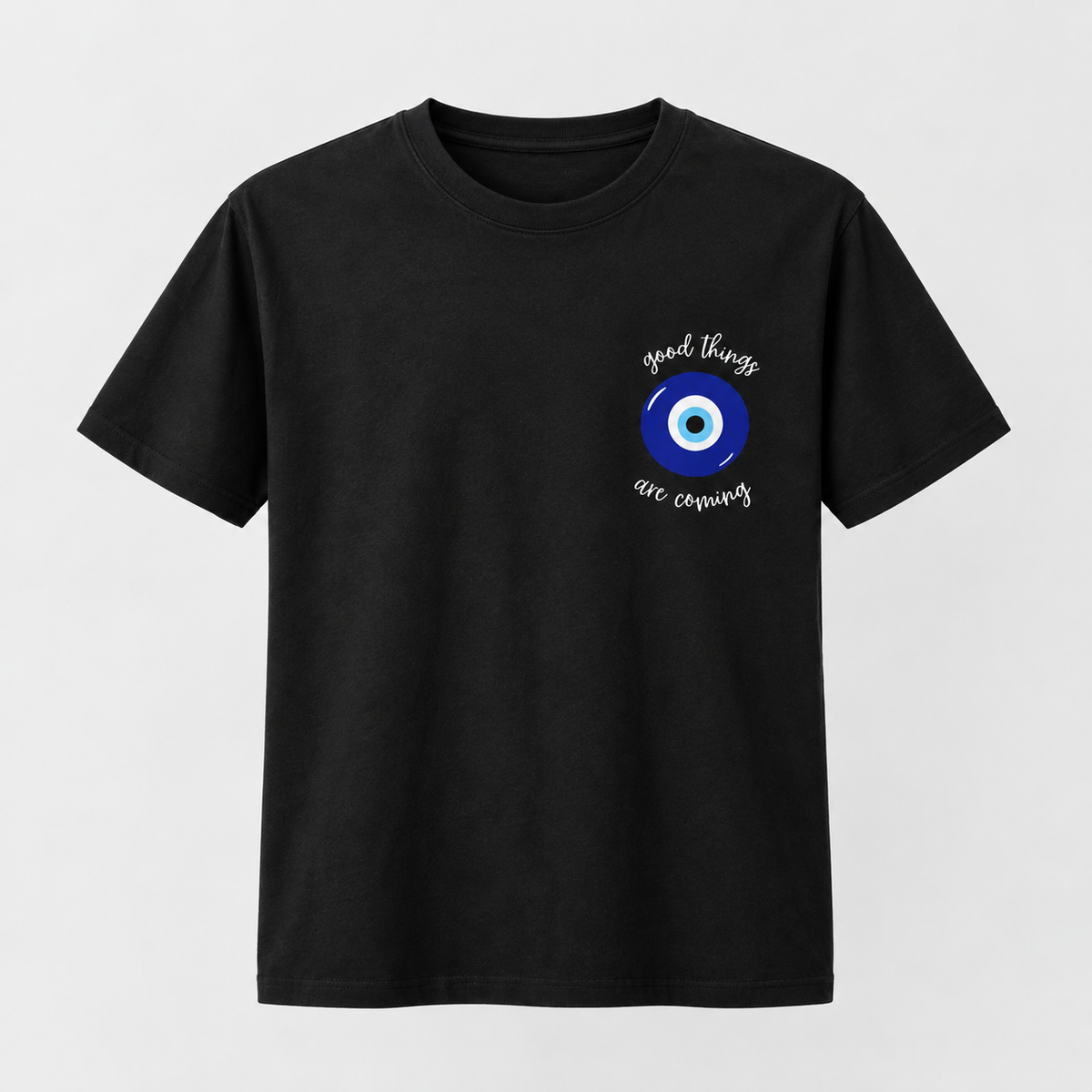 Mannado Originals Good Things Are Coming Evil Eye Graphic Black T-Shirt for Women