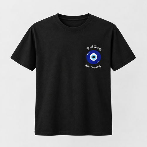 Mannado Originals Good Things Are Coming Evil Eye Graphic Black T-Shirt for Women