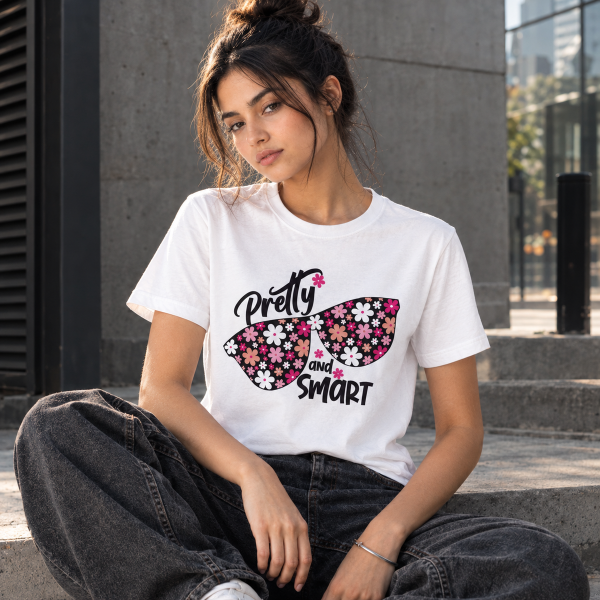 Mannado Originals Pretty and Smart Floral Sunglasses Graphic White T-Shirt for Women