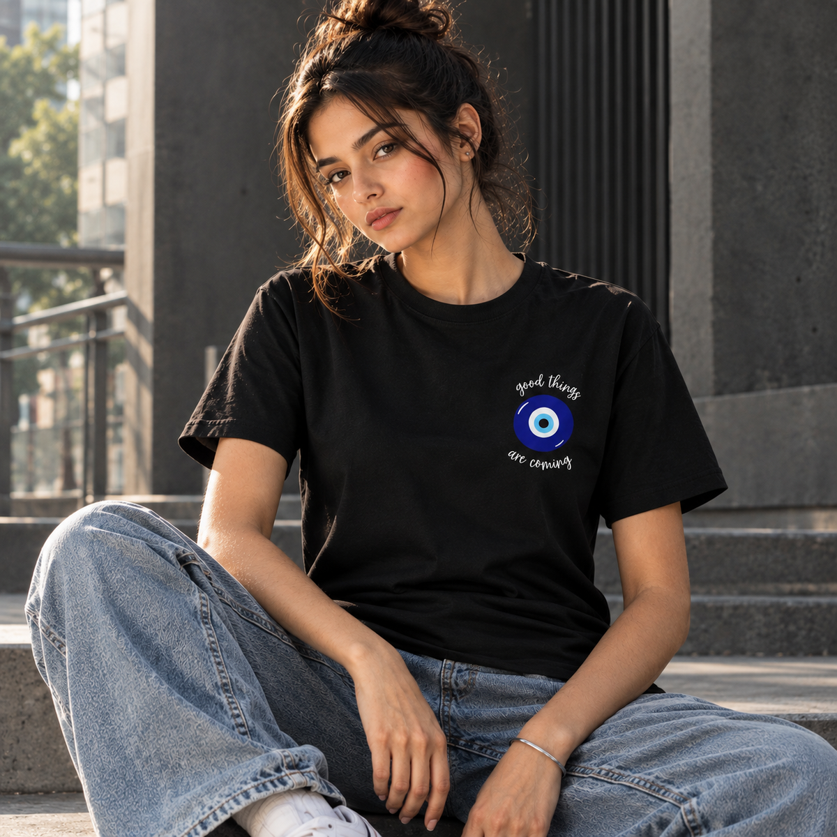 Mannado Originals Good Things Are Coming Evil Eye Graphic Black T-Shirt for Women
